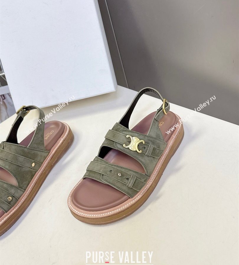 Celine Tippi Triomphe Flat Sandals in Suede Green 2025 (SS-250709073)