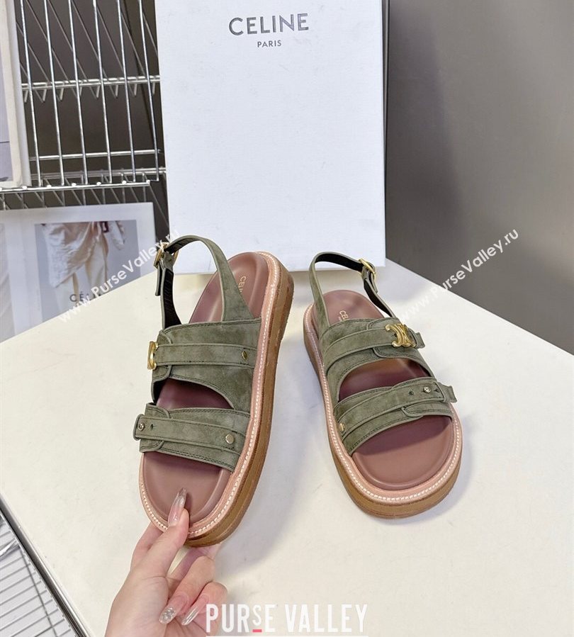 Celine Tippi Triomphe Flat Sandals in Suede Green 2025 (SS-250709073)