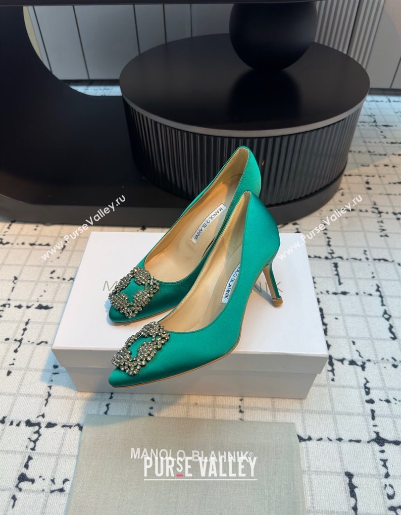 Manolo Blahnik Hangisi Satin Pumps 7cm with Strass Buckle Green 2024 1225 (KL-241225014)