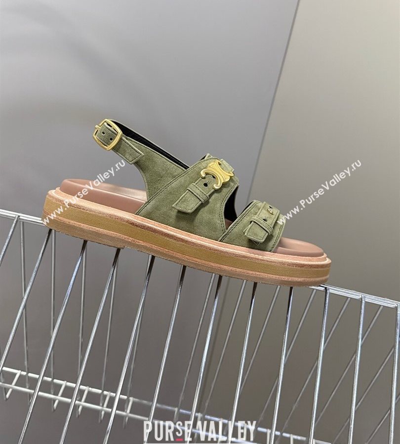 Celine Tippi Triomphe Flat Sandals in Suede Green 2025 (SS-250709073)