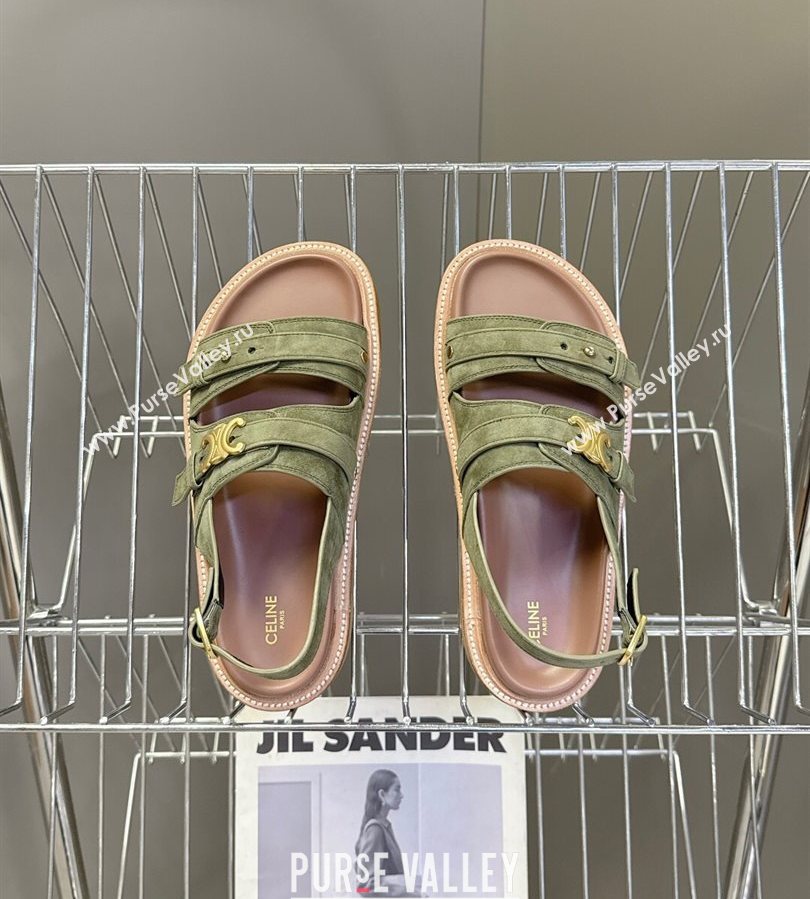 Celine Tippi Triomphe Flat Sandals in Suede Green 2025 (SS-250709073)
