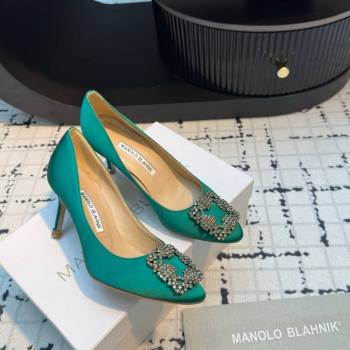 Manolo Blahnik Hangisi Satin Pumps 7cm with Strass Buckle Green 2024 1225 (KL-241225014)