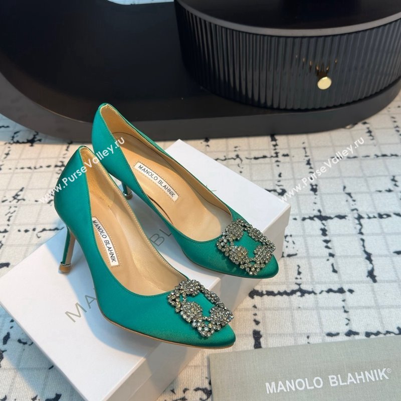 Manolo Blahnik Hangisi Satin Pumps 7cm with Strass Buckle Green 2024 1225 (KL-241225014)