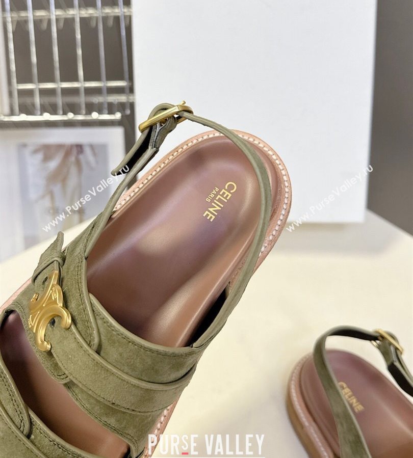Celine Tippi Triomphe Flat Sandals in Suede Green 2025 (SS-250709073)
