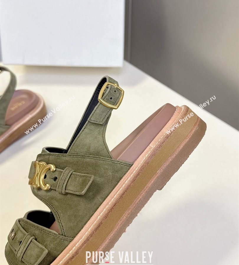 Celine Tippi Triomphe Flat Sandals in Suede Green 2025 (SS-250709073)