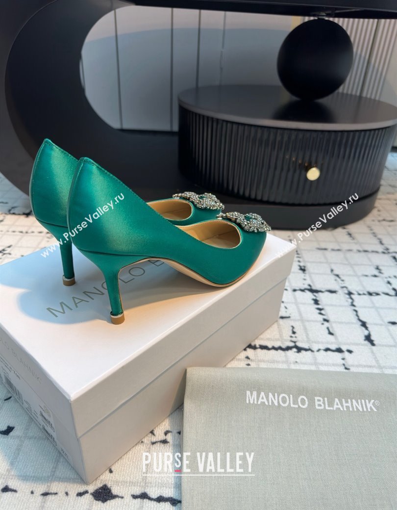 Manolo Blahnik Hangisi Satin Pumps 7cm with Strass Buckle Green 2024 1225 (KL-241225014)