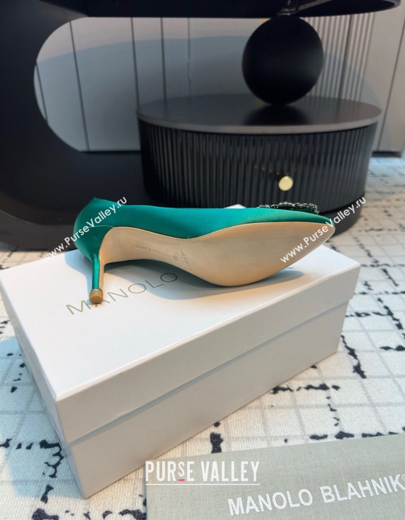 Manolo Blahnik Hangisi Satin Pumps 7cm with Strass Buckle Green 2024 1225 (KL-241225014)