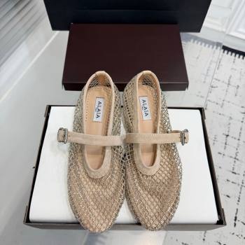 Alaia Ballet Flats in Fishnet and Suede with Strass Beige 2025 AL020702 (KER-260207055)