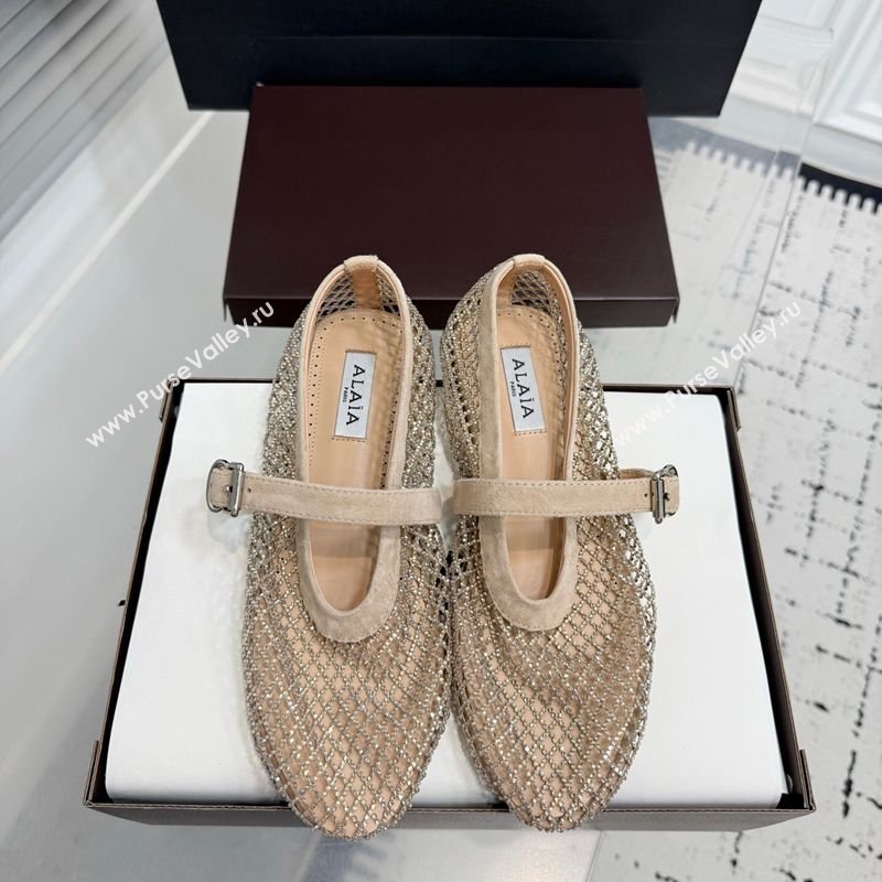 Alaia Ballet Flats in Fishnet and Suede with Strass Beige 2025 AL020702 (KER-260207055)