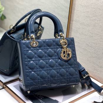Dior Medium Lady Dior Bag in Cannage Patent Leather 44532 Blue/Gold 2024 (DMZ-24041630)