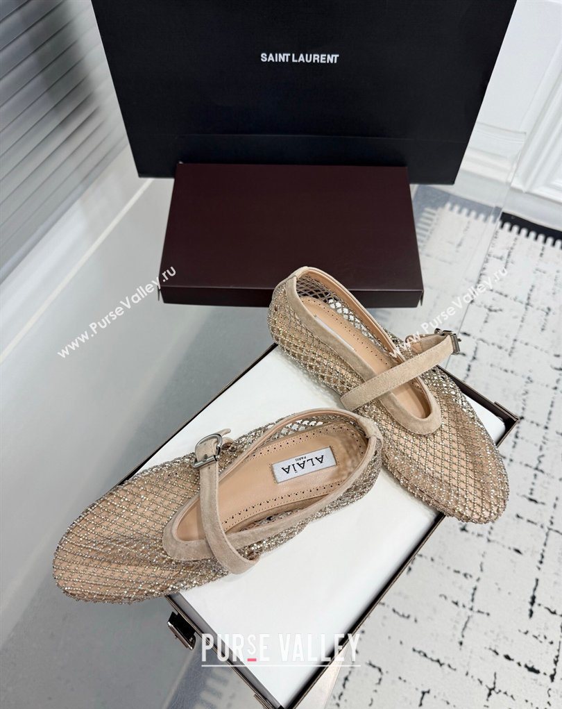 Alaia Ballet Flats in Fishnet and Suede with Strass Beige 2025 AL020702 (KER-260207055)