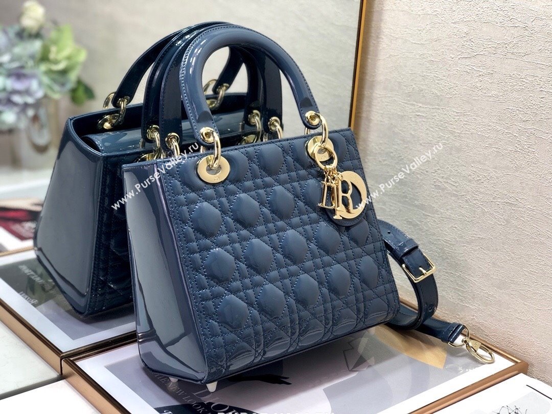 Dior Medium Lady Dior Bag in Cannage Patent Leather 44532 Blue/Gold 2024 (DMZ-24041630)