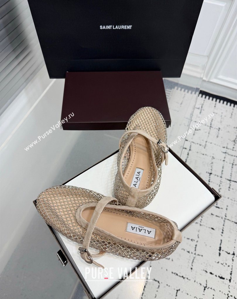 Alaia Ballet Flats in Fishnet and Suede with Strass Beige 2025 AL020702 (KER-260207055)
