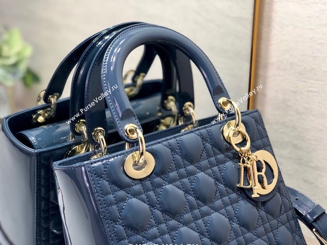 Dior Medium Lady Dior Bag in Cannage Patent Leather 44532 Blue/Gold 2024 (DMZ-24041630)