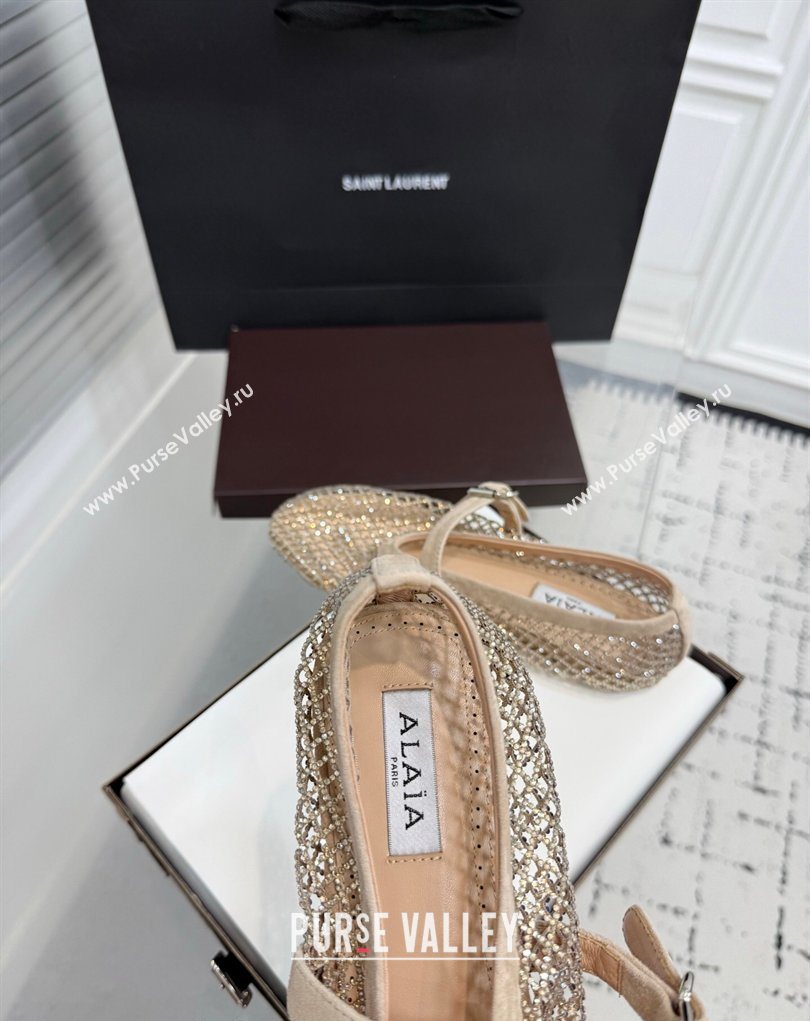 Alaia Ballet Flats in Fishnet and Suede with Strass Beige 2025 AL020702 (KER-260207055)