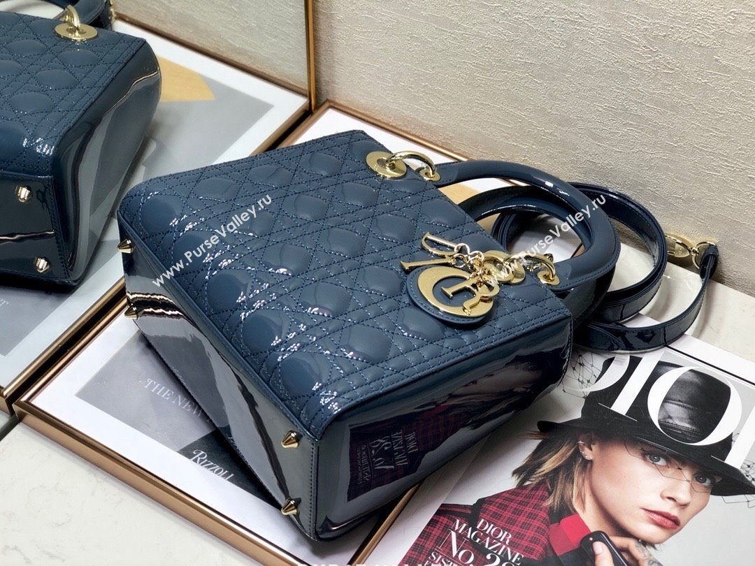 Dior Medium Lady Dior Bag in Cannage Patent Leather 44532 Blue/Gold 2024 (DMZ-24041630)