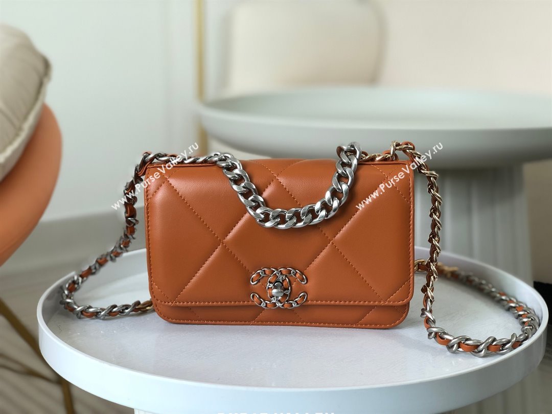 Chanel 19 Wallet On Chain WOC Bag in Lambskin AP3267 Brown/Silver 2024 (SM-24060412)