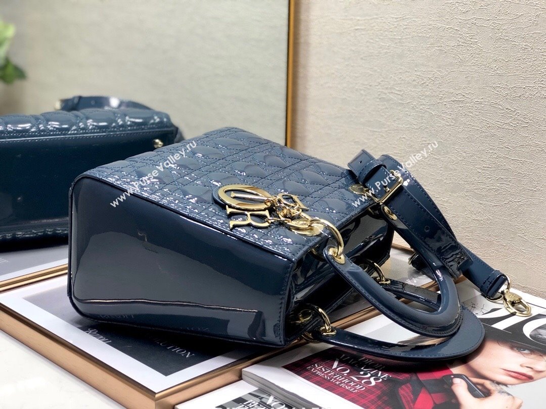 Dior Medium Lady Dior Bag in Cannage Patent Leather 44532 Blue/Gold 2024 (DMZ-24041630)