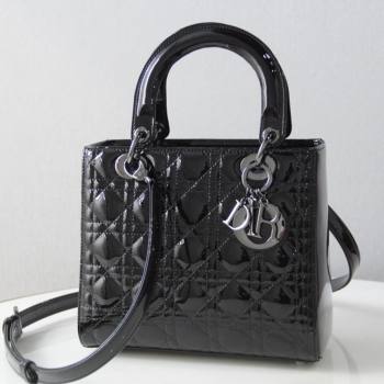 Dior Medium Lady Dior Bag in Cannage Patent Leather 44532 All Black 2024 (DMZ-24041631)