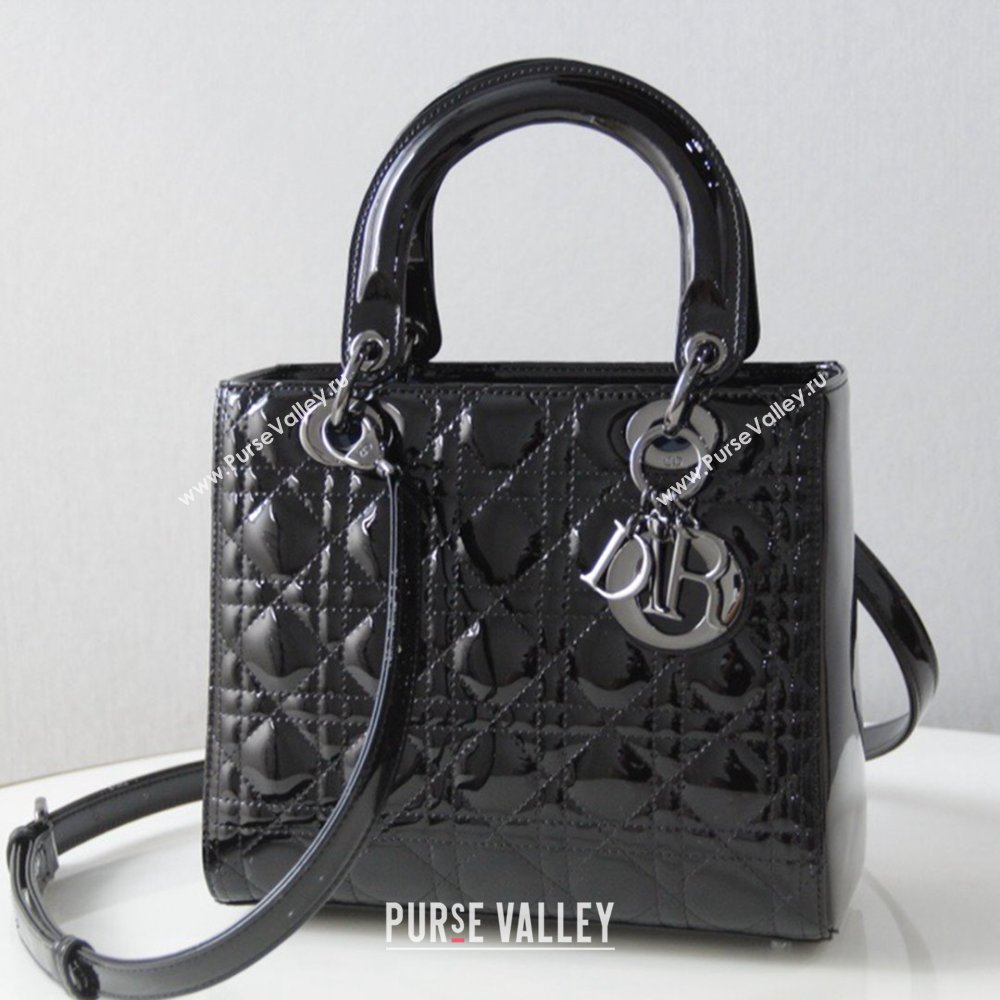 Dior Medium Lady Dior Bag in Cannage Patent Leather 44532 All Black 2024 (DMZ-24041631)