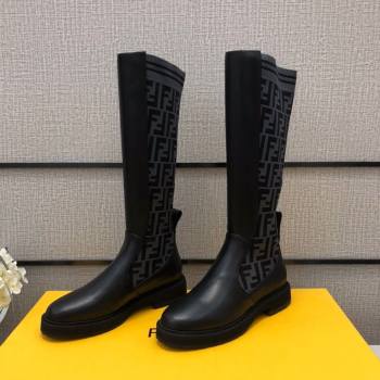 Fendi Calfskin FF Knit Sock Medium High Boots Black/Grey 2020 (MD-20120411)