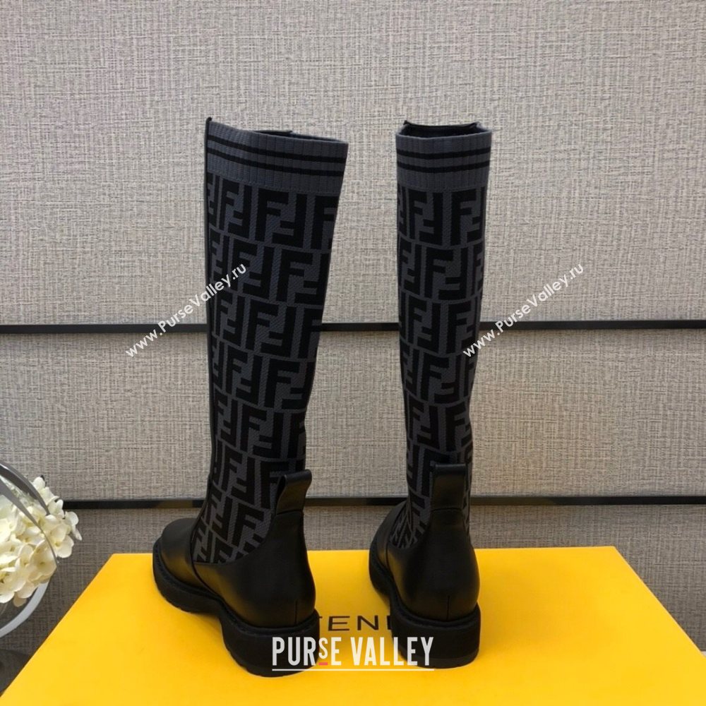 Fendi Calfskin FF Knit Sock Medium High Boots Black/Grey 2020 (MD-20120411)