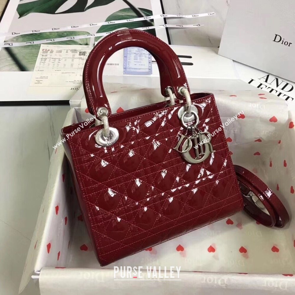 Dior Medium Lady Dior Bag in Cannage Patent Leather 44532 Burgundy/Silver 2024 (DMZ-24041633)