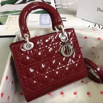 Dior Medium Lady Dior Bag in Cannage Patent Leather 44532 Burgundy/Silver 2024 (DMZ-24041633)