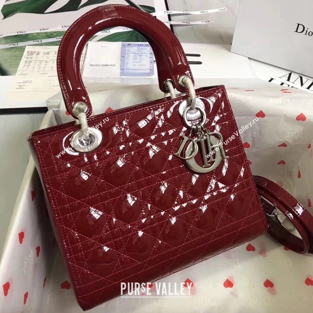 Dior Medium Lady Dior Bag in Cannage Patent Leather 44532 Burgundy/Silver 2024 (DMZ-24041633)