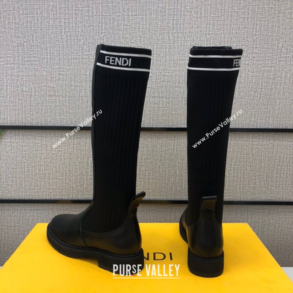 Fendi Calfskin Knit Sock Medium High Boots Black/White 2020 (MD-20120410)