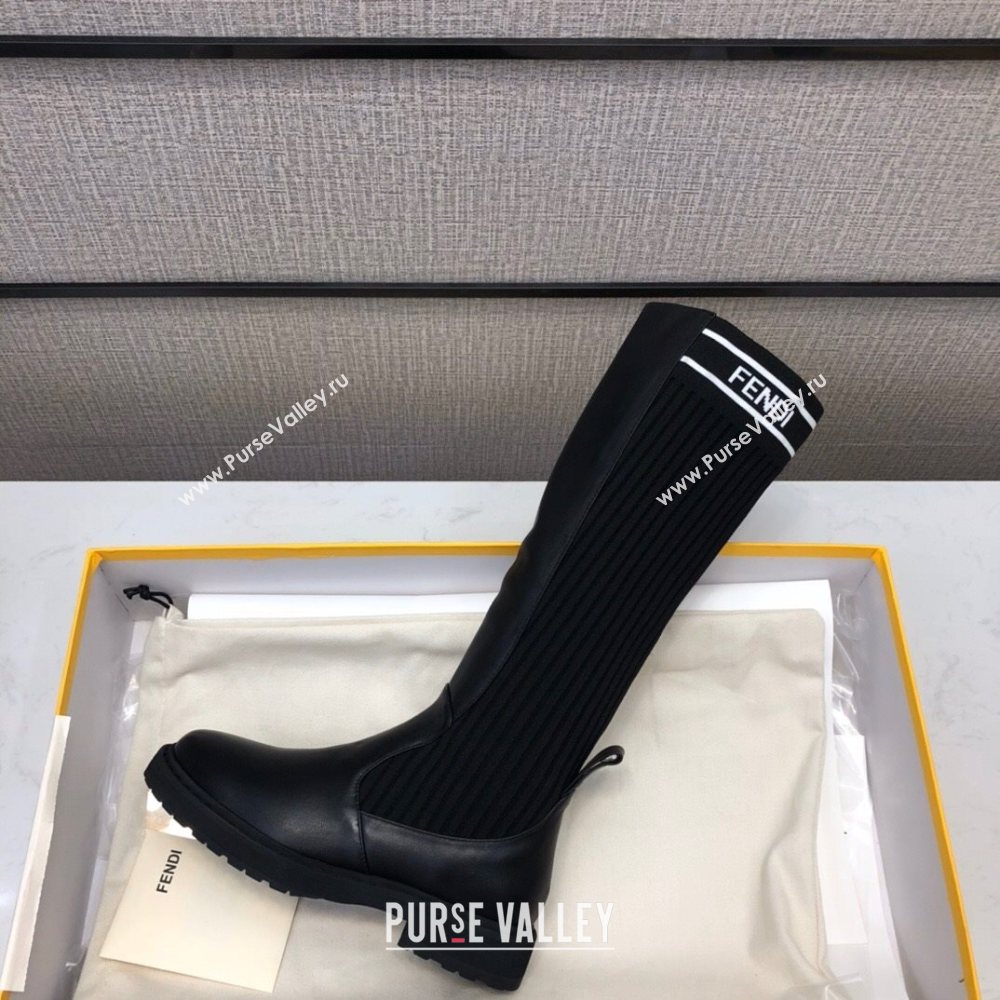 Fendi Calfskin Knit Sock Medium High Boots Black/White 2020 (MD-20120410)