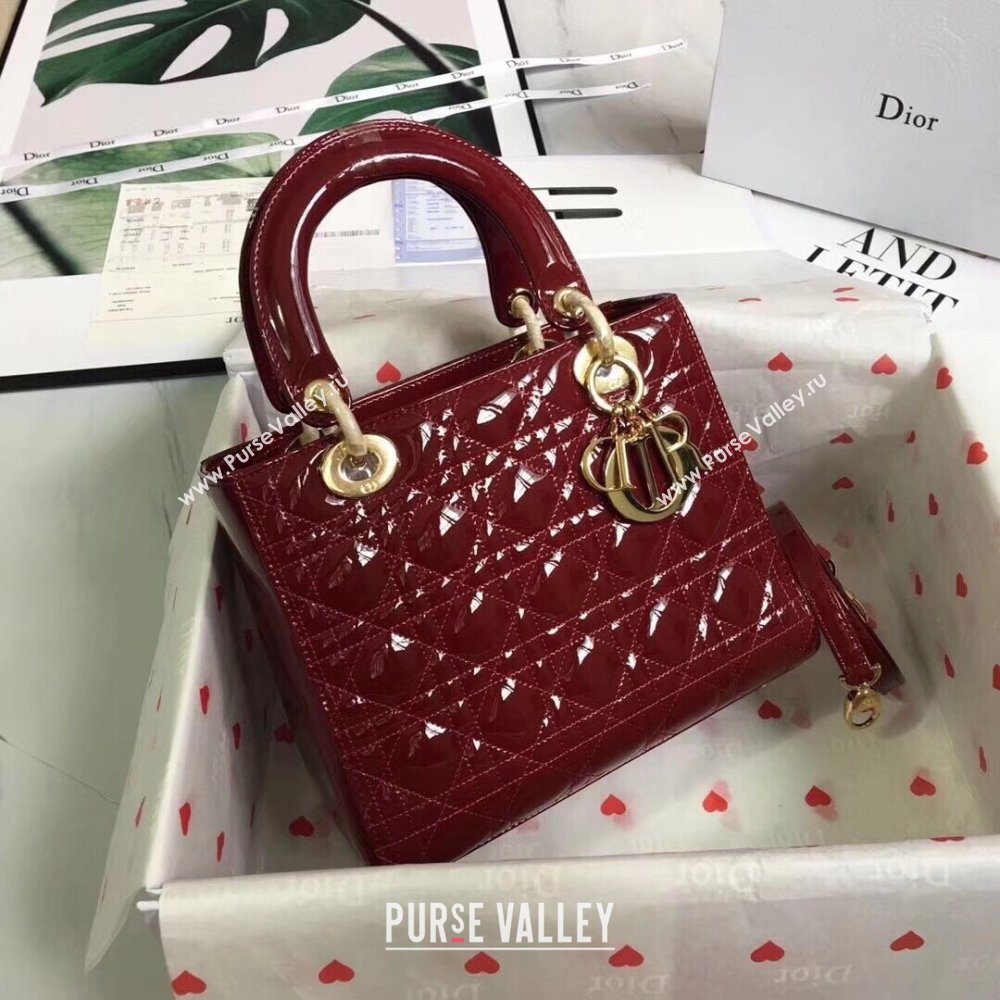 Dior Medium Lady Dior Bag in Cannage Patent Leather 44532 Burgundy/Gold 2024 (DMZ-24041635)