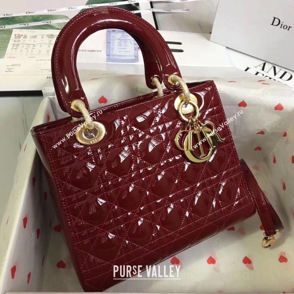 Dior Medium Lady Dior Bag in Cannage Patent Leather 44532 Burgundy/Gold 2024 (DMZ-24041635)