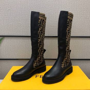 Fendi Calfskin FF Knit Sock Medium High Boots Black/Brown 2020 (MD-20120409)