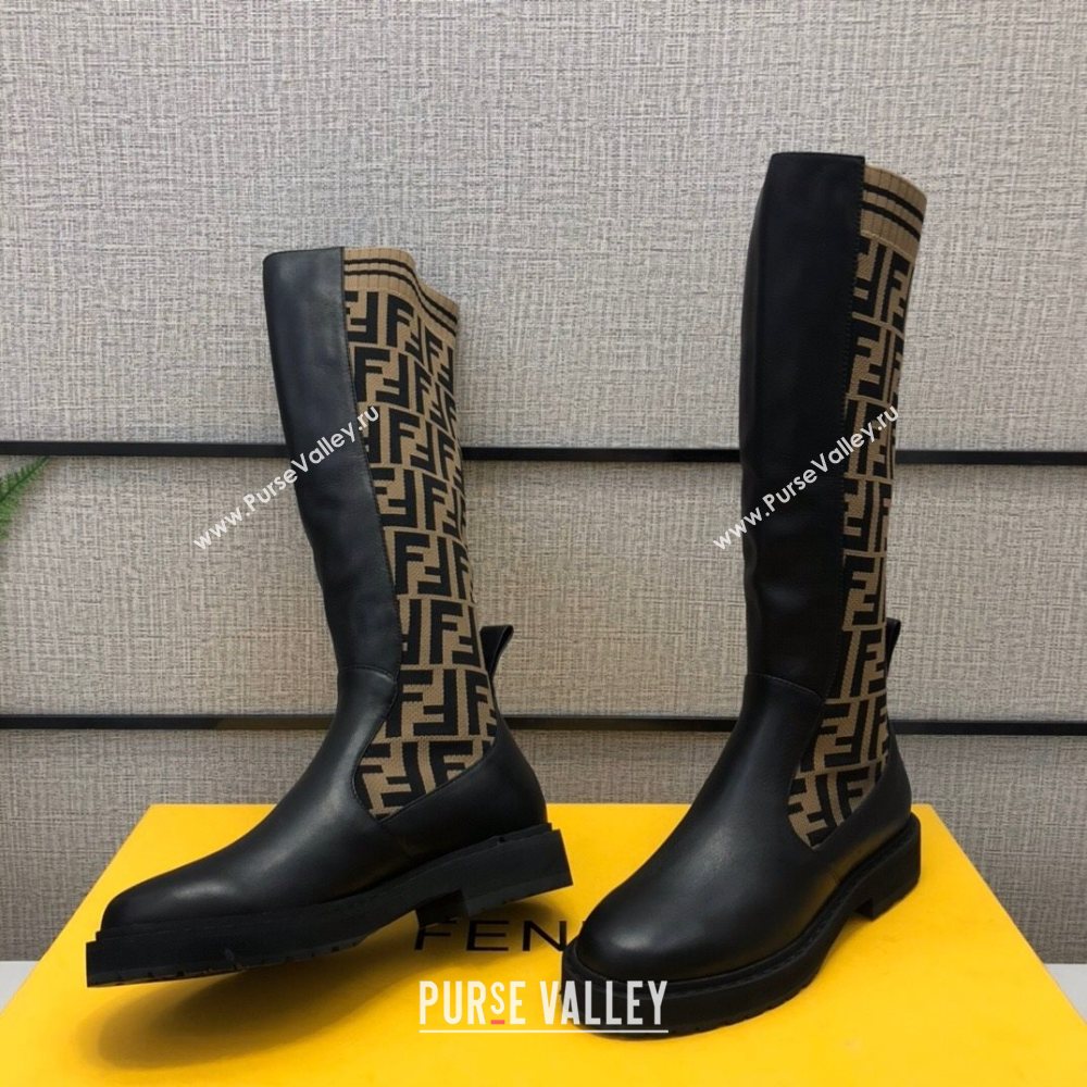 Fendi Calfskin FF Knit Sock Medium High Boots Black/Brown 2020 (MD-20120409)