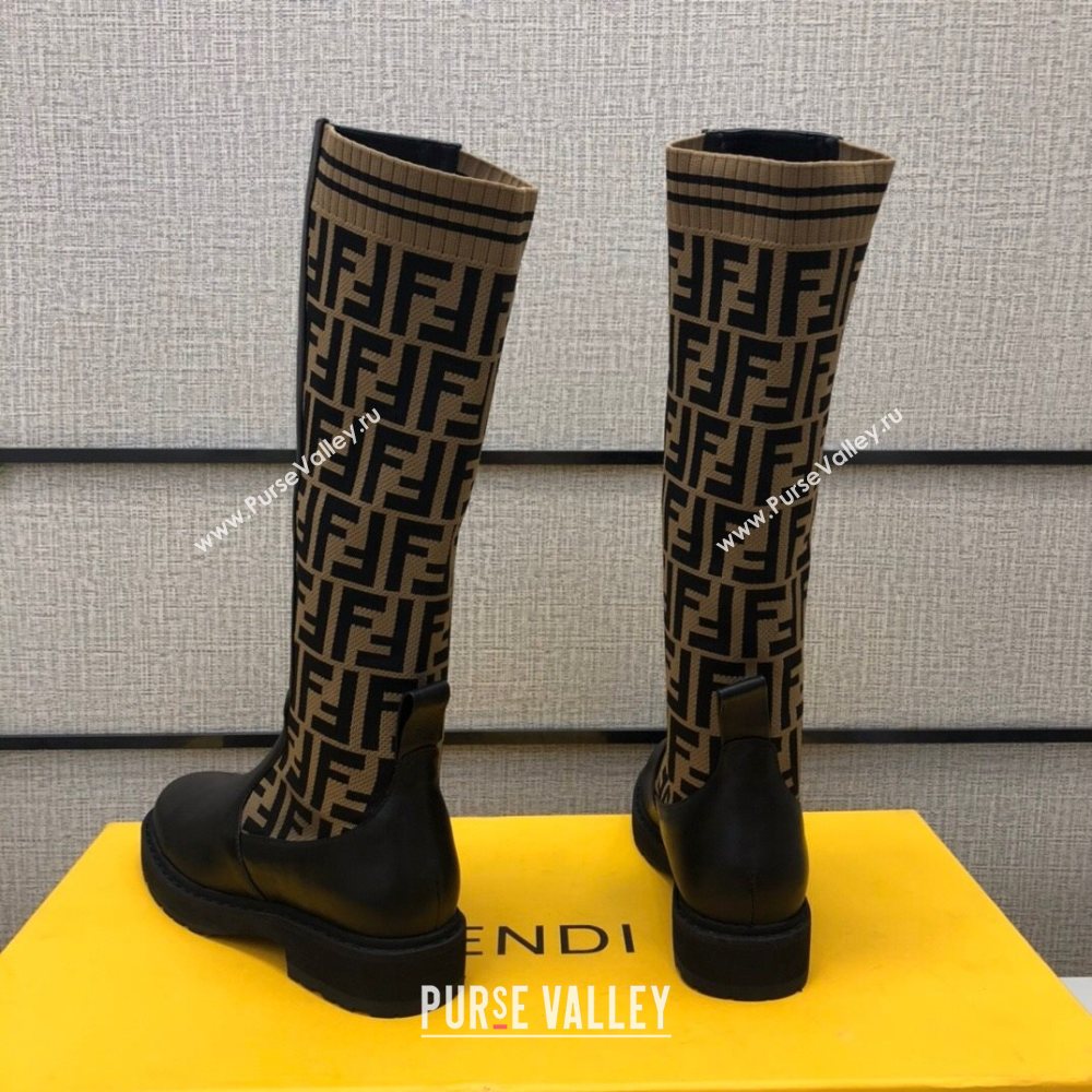 Fendi Calfskin FF Knit Sock Medium High Boots Black/Brown 2020 (MD-20120409)