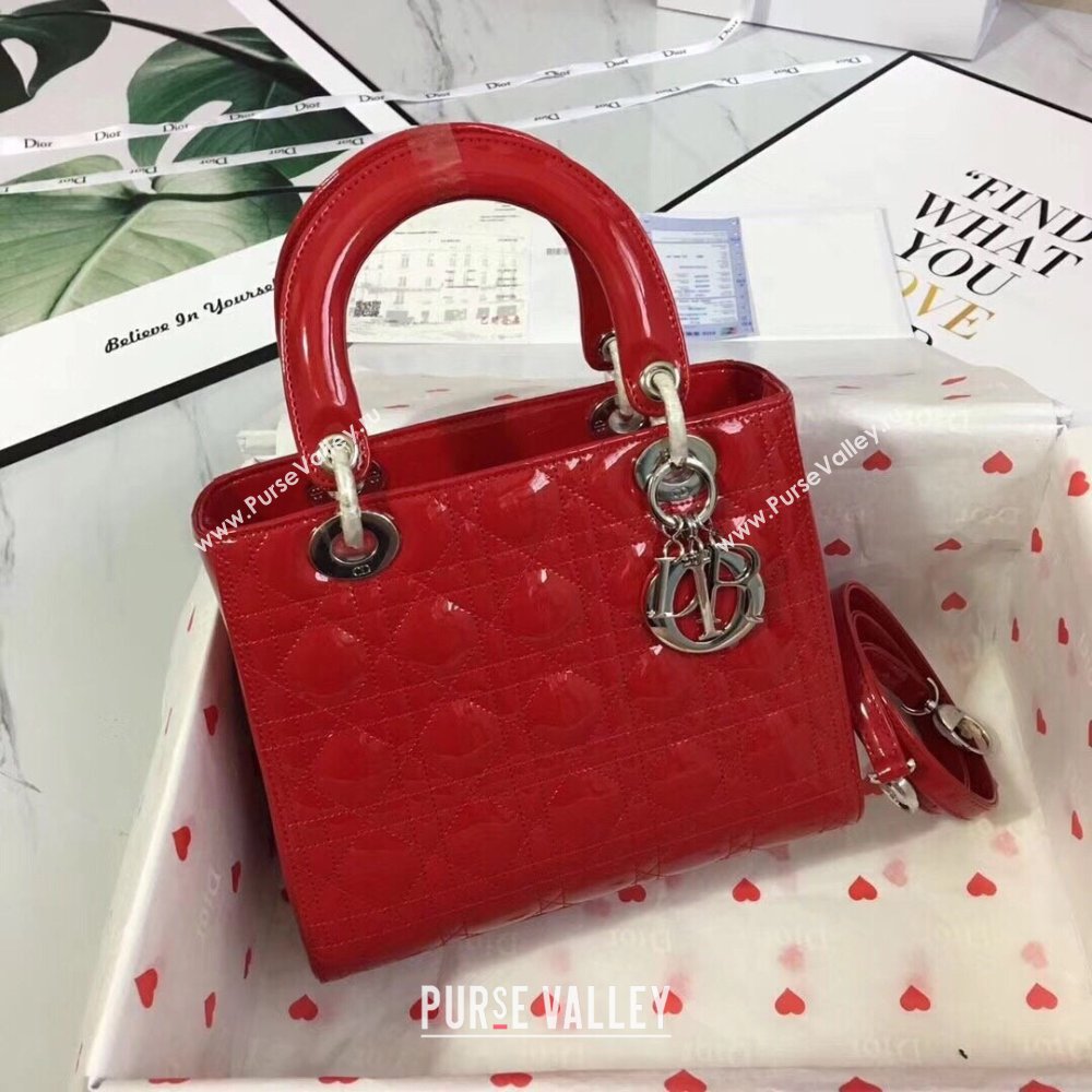 Dior Medium Lady Dior Bag in Cannage Patent Leather 44532 Red/Silver 2024 (DMZ-24041638)