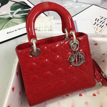 Dior Medium Lady Dior Bag in Cannage Patent Leather 44532 Red/Silver 2024 (DMZ-24041638)