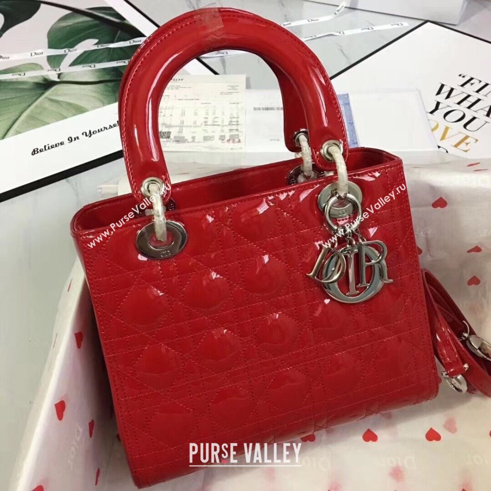 Dior Medium Lady Dior Bag in Cannage Patent Leather 44532 Red/Silver 2024 (DMZ-24041638)