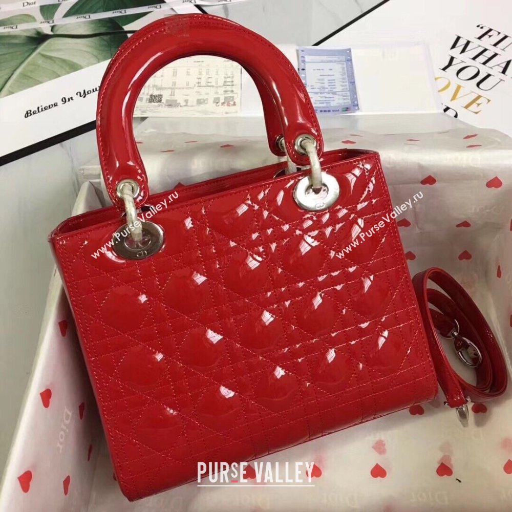 Dior Medium Lady Dior Bag in Cannage Patent Leather 44532 Red/Silver 2024 (DMZ-24041638)