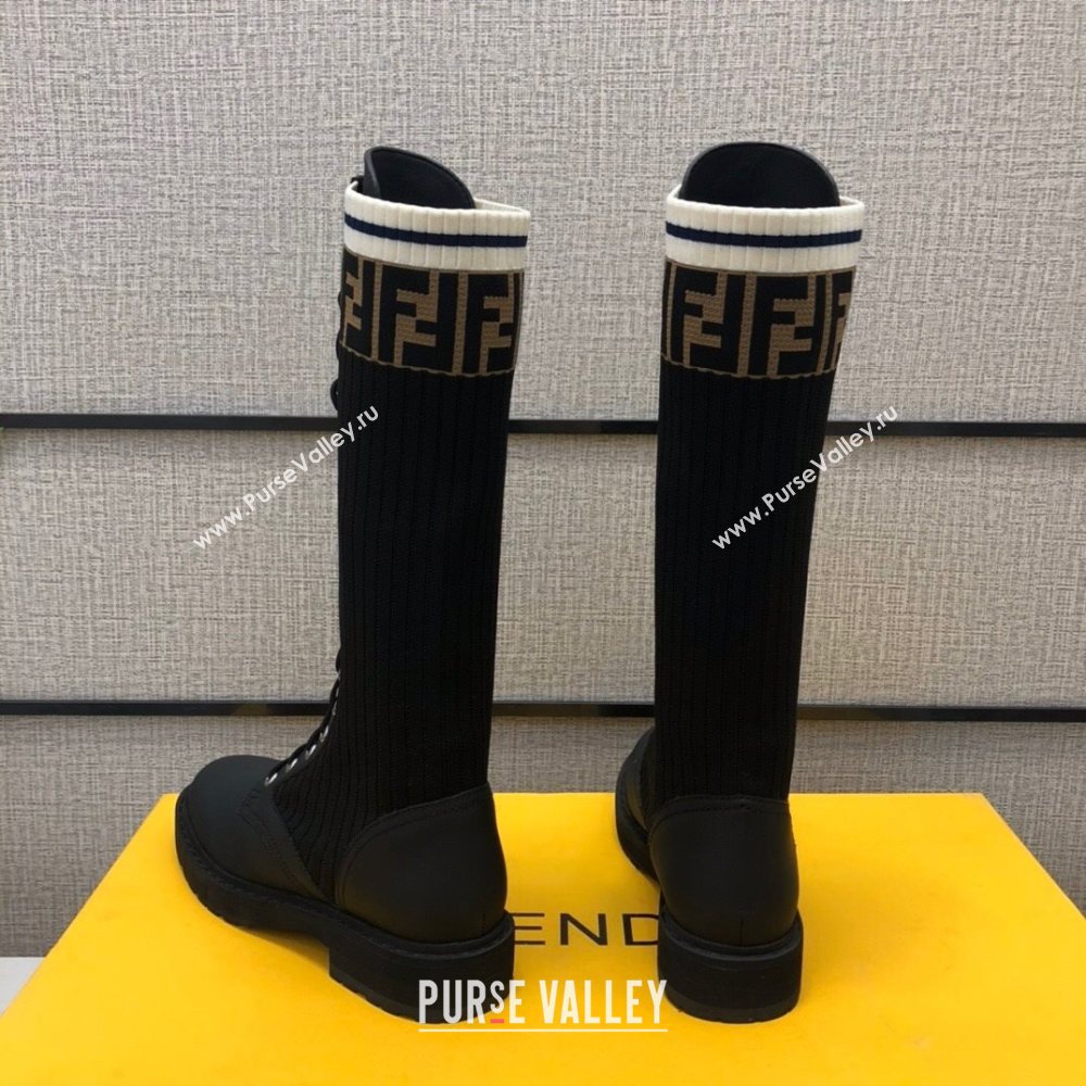 Fendi Matte Calfskin FF Knit Sock Medium High Boots Black 2020 (MD-20120413)