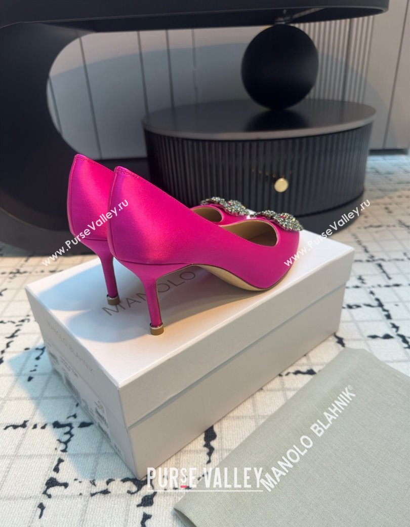 Manolo Blahnik Hangisi Satin Pumps 7cm with Strass Buckle Dark Pink 2024 1225 (KL-241225022)