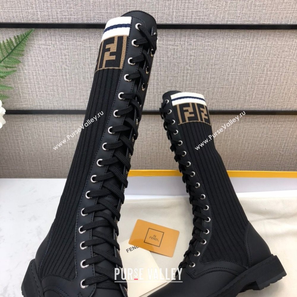 Fendi Matte Calfskin FF Knit Sock Medium High Boots Black 2020 (MD-20120413)