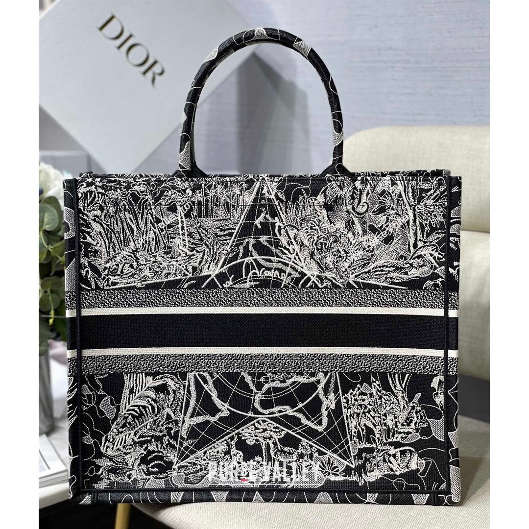 Dior Large Book Tote Bag in Black Around World Embroidery 2021 (XXG-21090729)