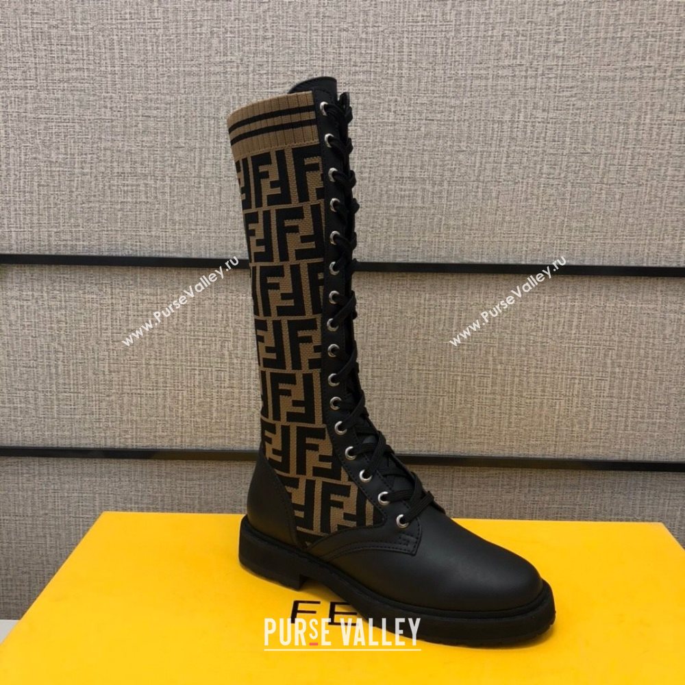 Fendi Matte Calfskin FF Knit Sock Medium High Boots Brown 2020 (MD-20120412)