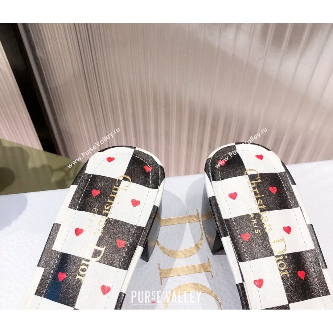 Dior Dway Heeled Slide Sandals in D-Chess Heart Embroidered Cotton White/Black/Red 2021 (KL-21081442)