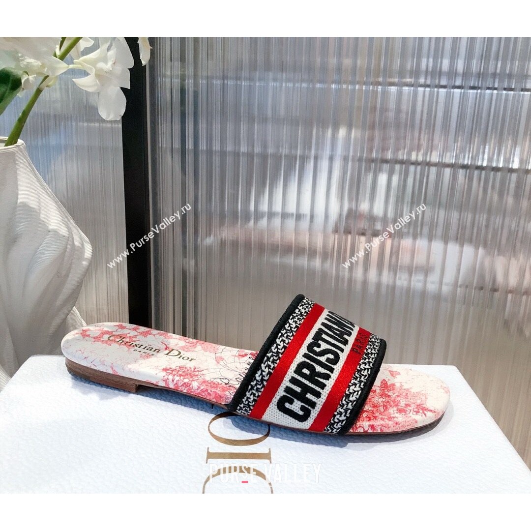 Dior Dway Flat Slide Sandals in D-Royaume dAmour Embroidered Cotton White/Red 2021 (KL-21081443)