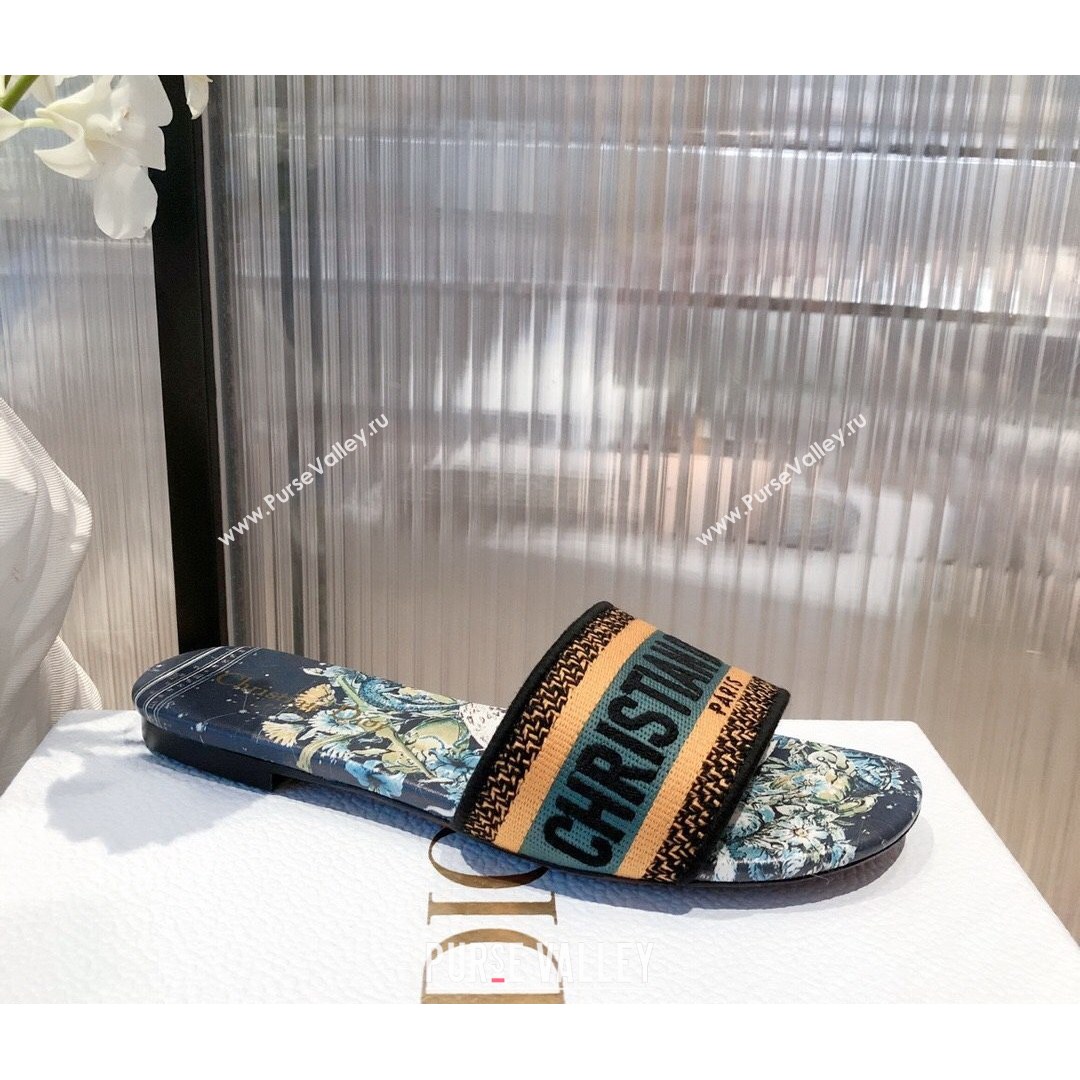 Dior Dway Flat Slide Sandals in Zodiac Embroidered Cotton Multicolor/Blue 2021 (KL-21081445)