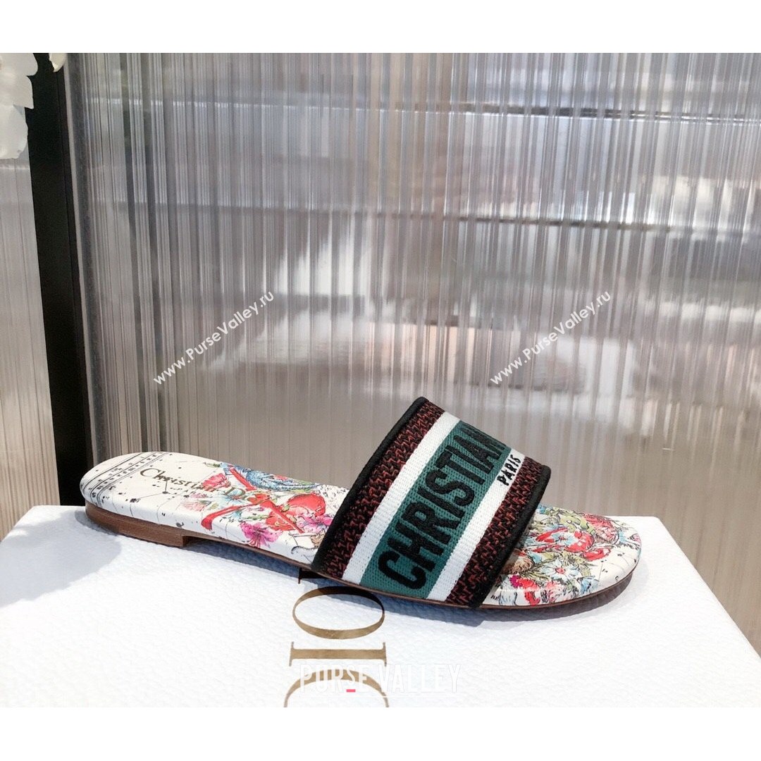 Dior Dway Flat Slide Sandals in Zodiac Embroidered Cotton Multicolor/Pink 2021 (KL-21081449)