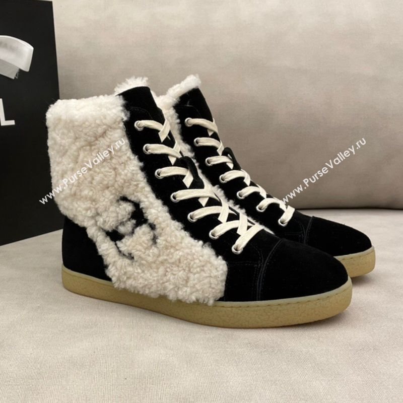 Chanel Suede and CC Shearling Wool Short Boots Black 2020 (DLY-20120424)